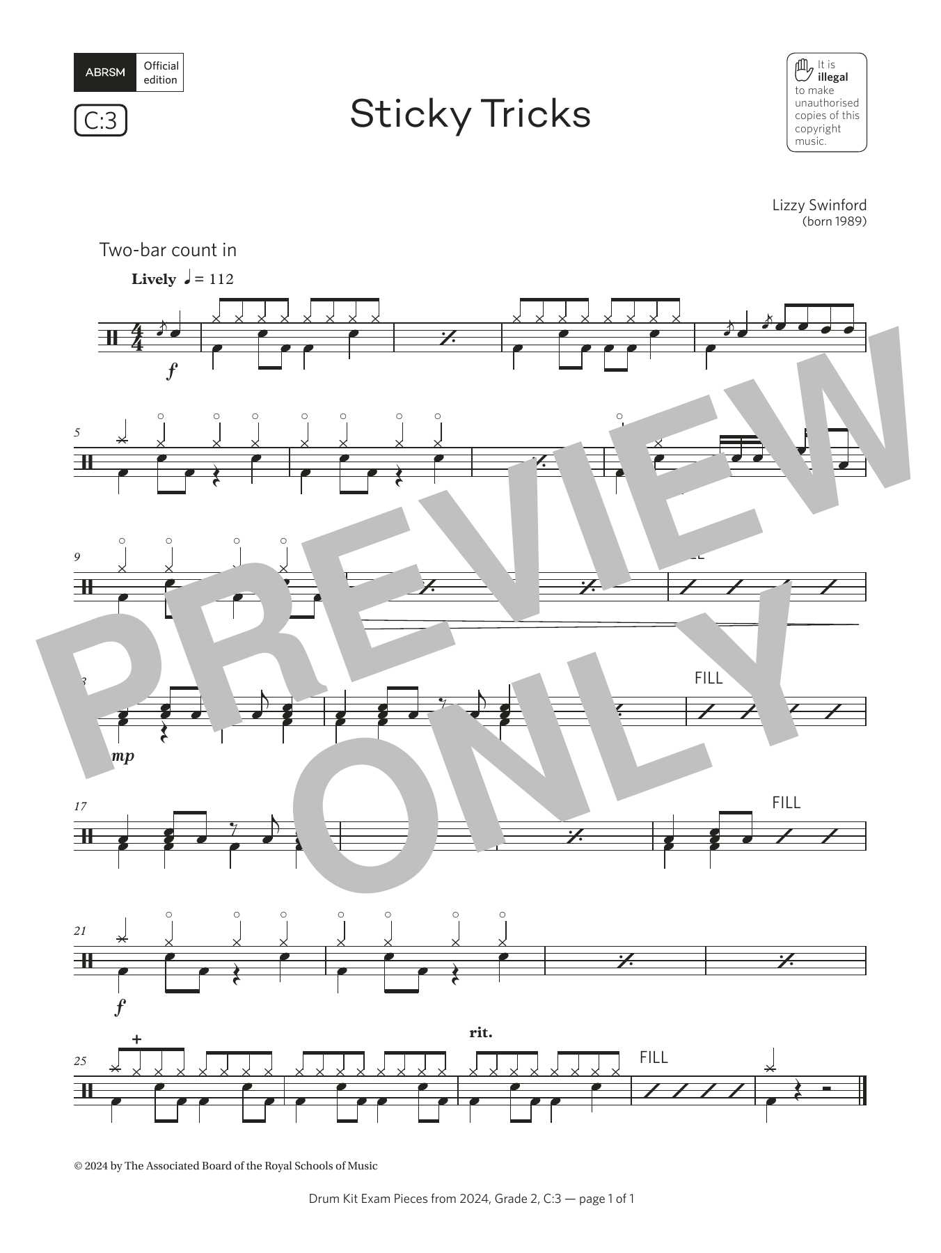 Lizzy Swinford Sticky Tricks  (Grade 2, list C3, from the ABRSM Drum Kit Syllabus 2024) sheet music notes and chords arranged for Drums
