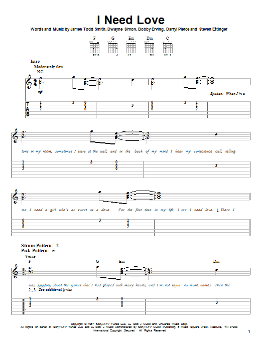LL Cool J I Need Love sheet music notes and chords arranged for Easy Guitar Tab