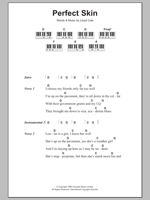 Lloyd Cole Perfect Skin sheet music notes and chords arranged for Guitar Chords/Lyrics