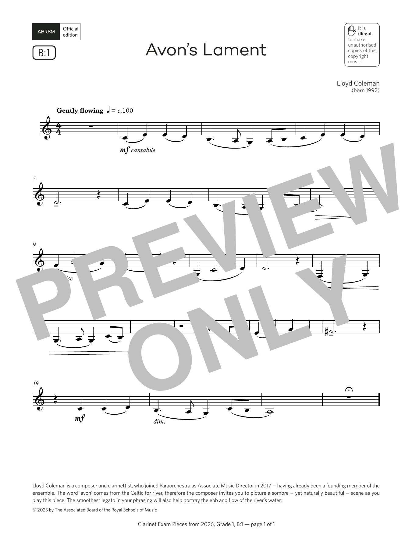Lloyd Coleman Avon's Lament (Grade 1, list B1, from the ABRSM Clarinet Syllabus from 2026) sheet music notes and chords arranged for Clarinet Solo