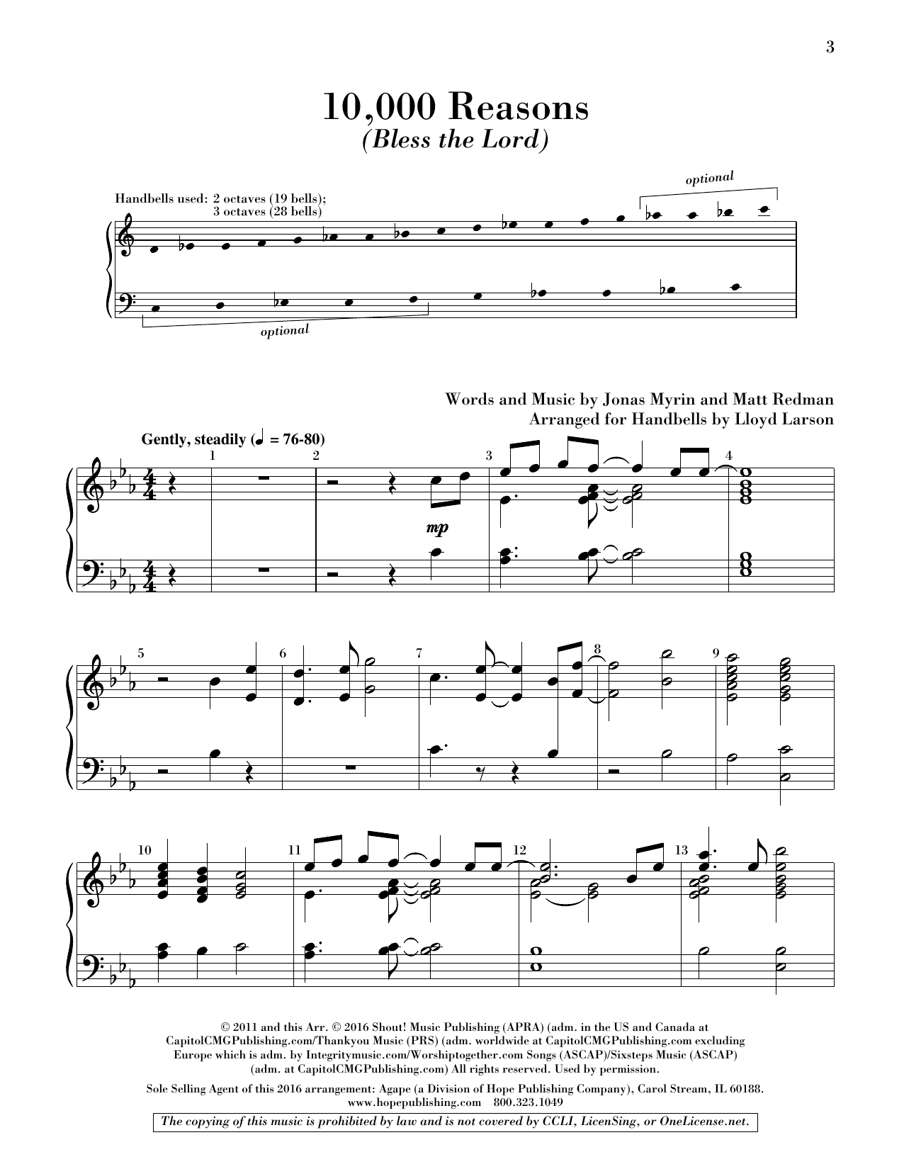 Lloyd Larson 10,000 Reasons (Bless the Lord) - Handbells sheet music notes and chords arranged for Choir Instrumental Pak
