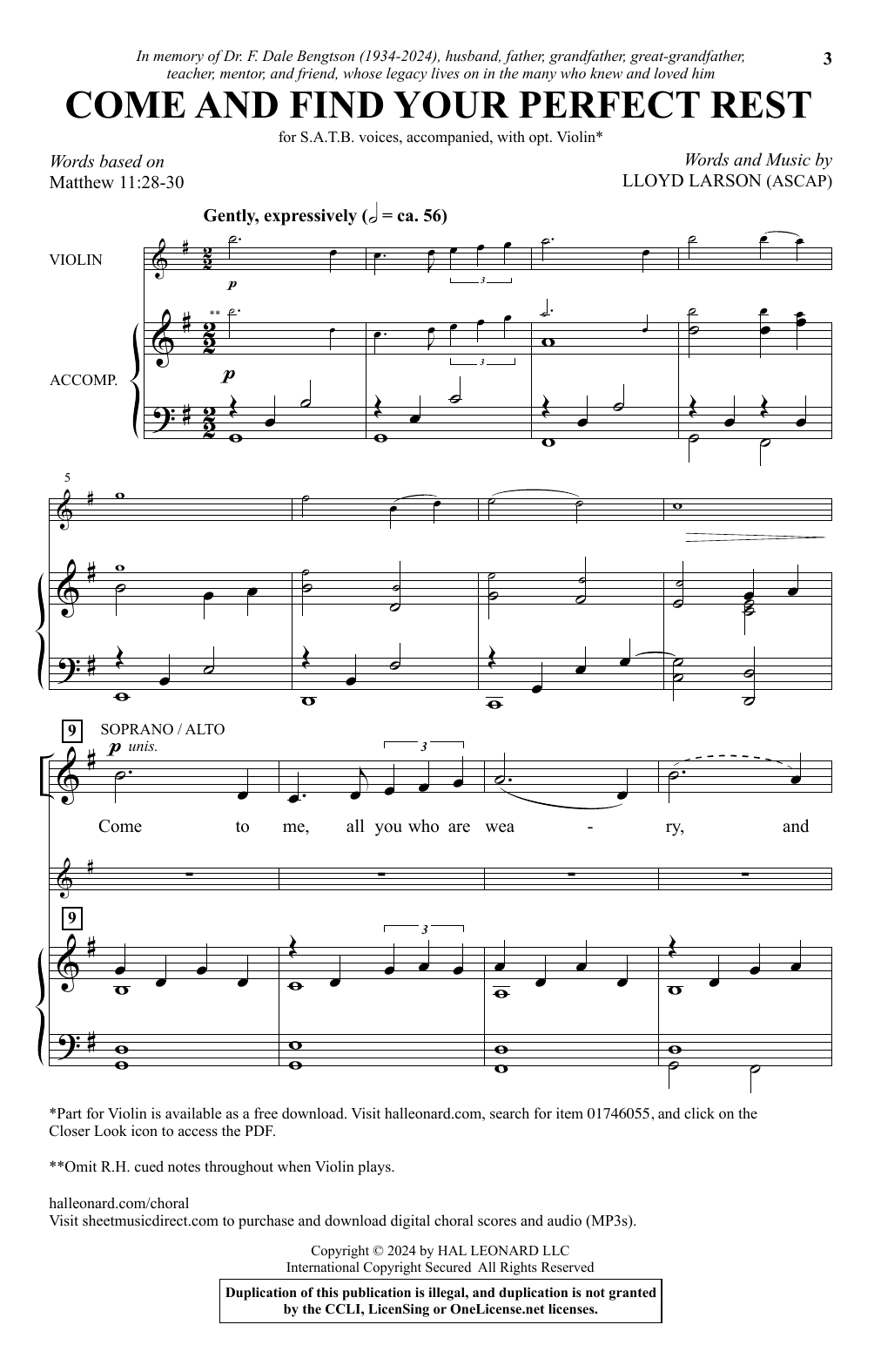 Lloyd Larson Come And Find Your Perfect Rest sheet music notes and chords arranged for SATB Choir