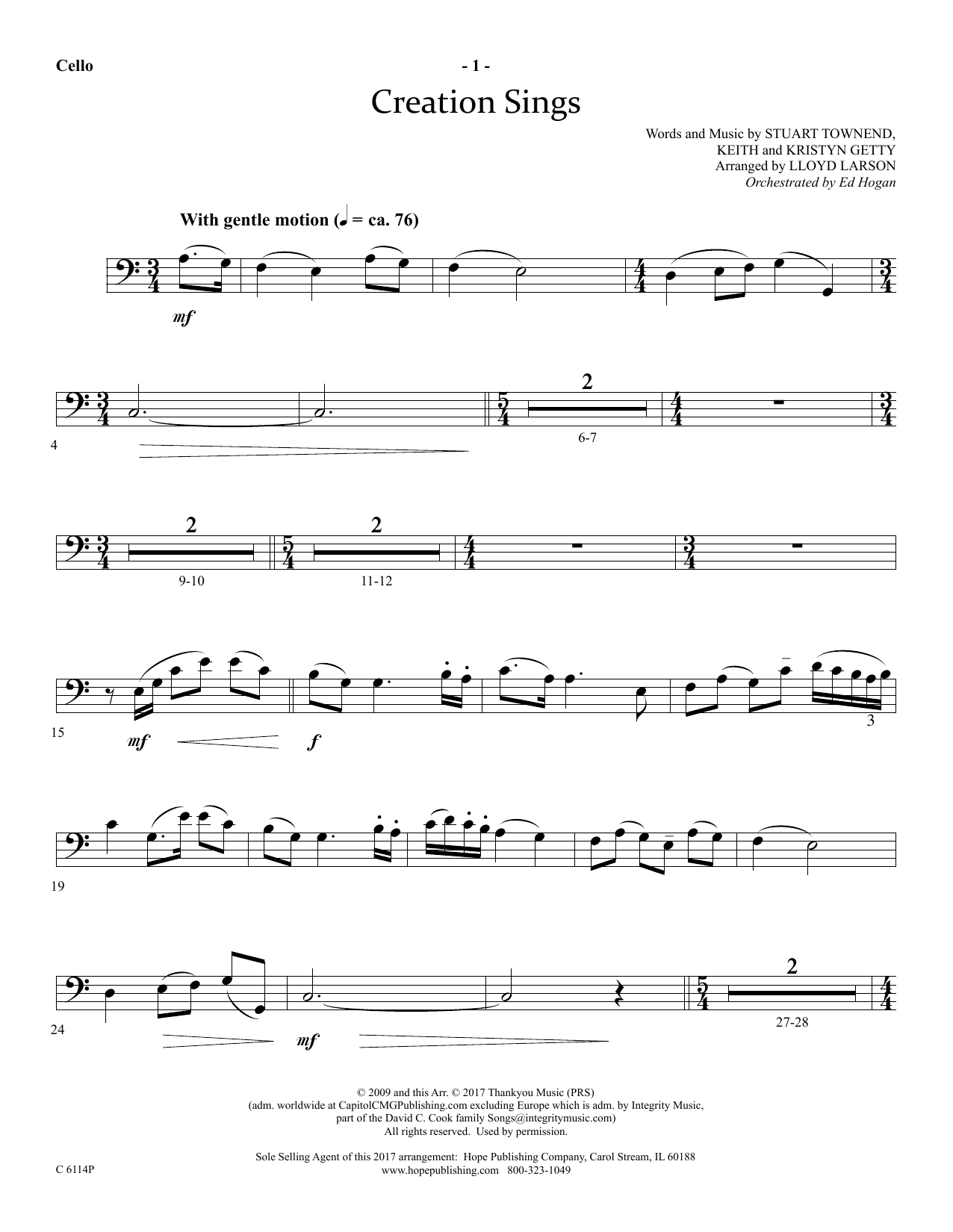 Lloyd Larson Creation Sings - Cello sheet music notes and chords arranged for Choir Instrumental Pak