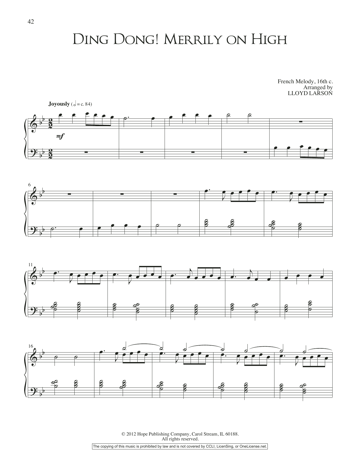 Lloyd Larson Ding Dong! Merrily On High sheet music notes and chords arranged for Piano Solo