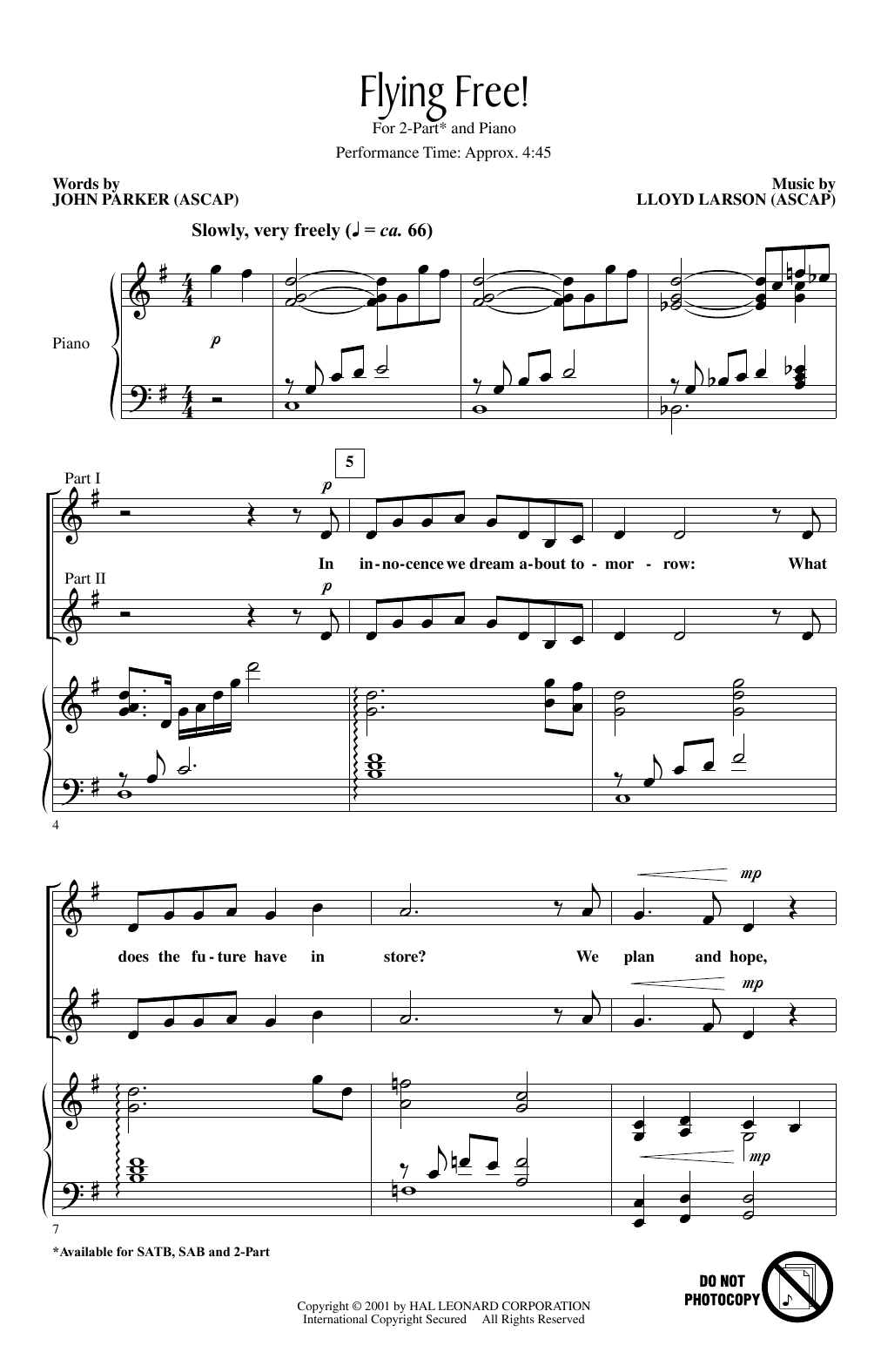 Lloyd Larson Flying Free! sheet music notes and chords arranged for 2-Part Choir