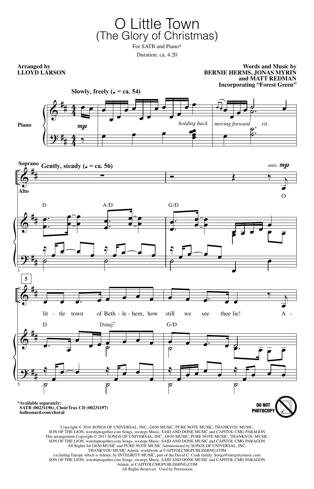 Lloyd Larson O Little Town (The Glory Of Christmas) sheet music notes and chords arranged for SATB Choir