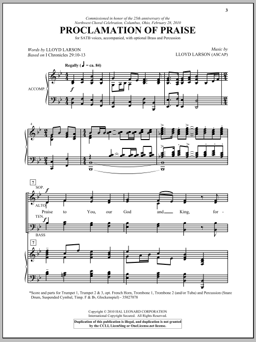 Lloyd Larson Proclamation Of Praise sheet music notes and chords arranged for SATB Choir