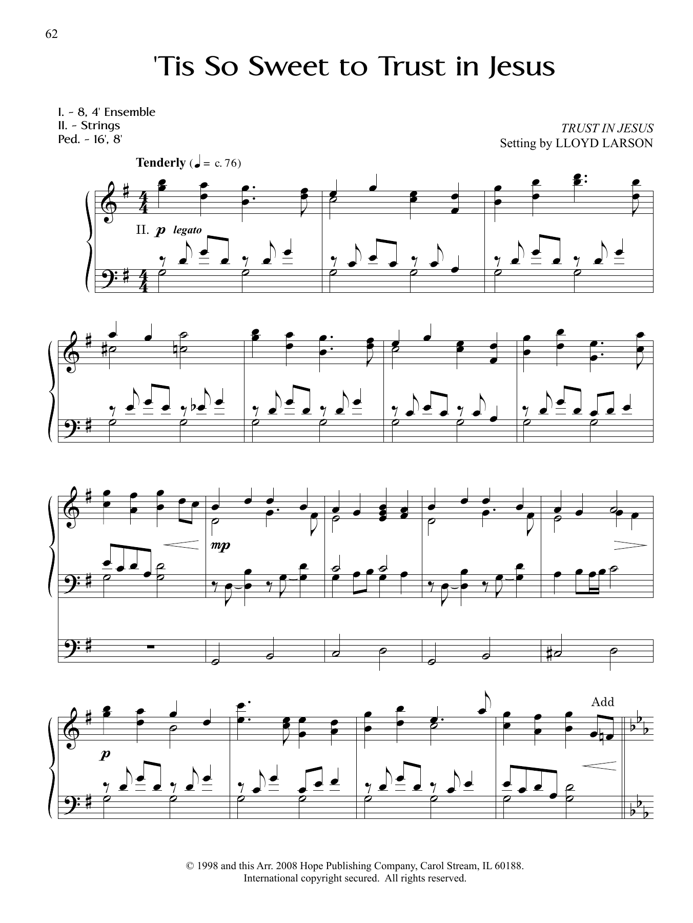 Lloyd Larson Tis So Sweet to Trust in Jesus sheet music notes and chords arranged for Organ