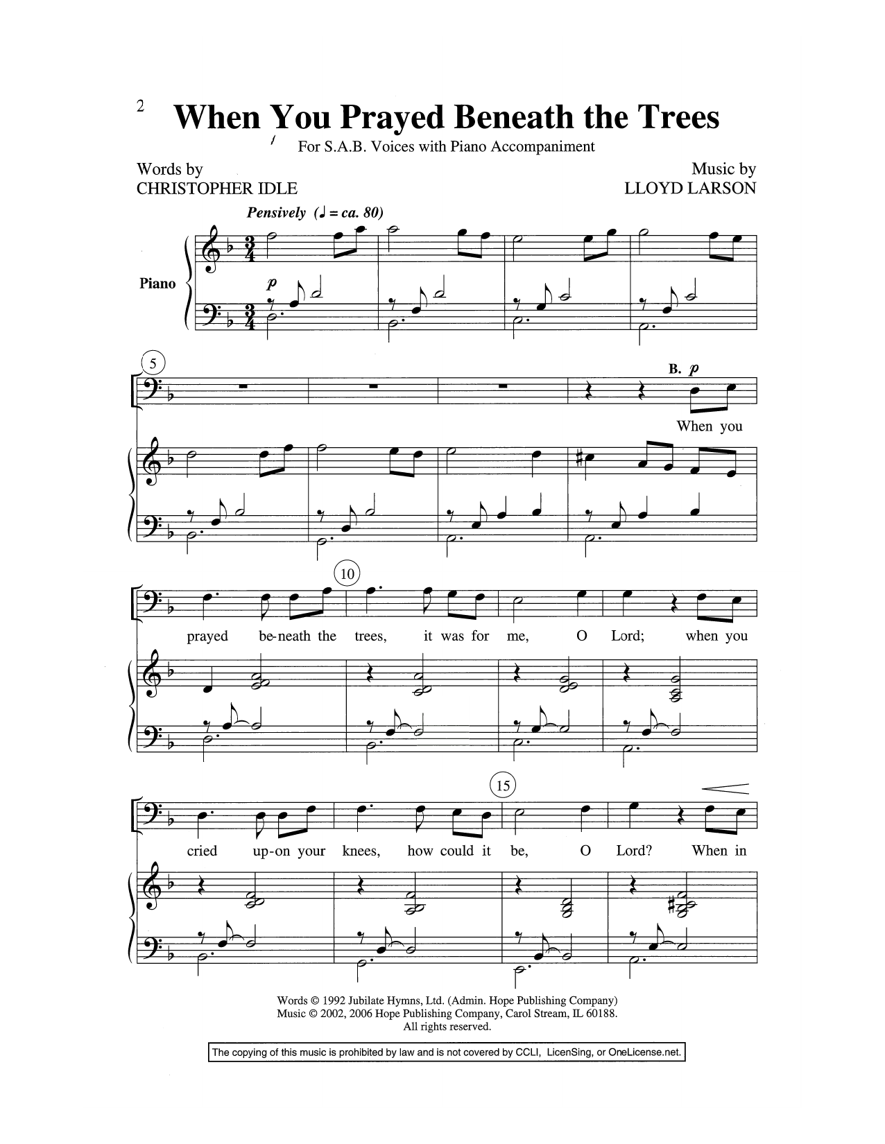 Lloyd Larson When You Prayed Beneath The Trees sheet music notes and chords arranged for SAB Choir