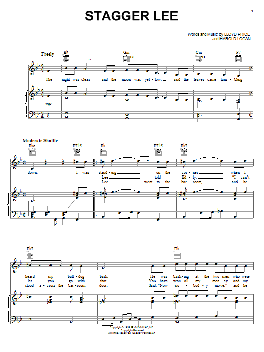 Lloyd Price Stagger Lee sheet music notes and chords arranged for Piano, Vocal & Guitar Chords (Right-Hand Melody)