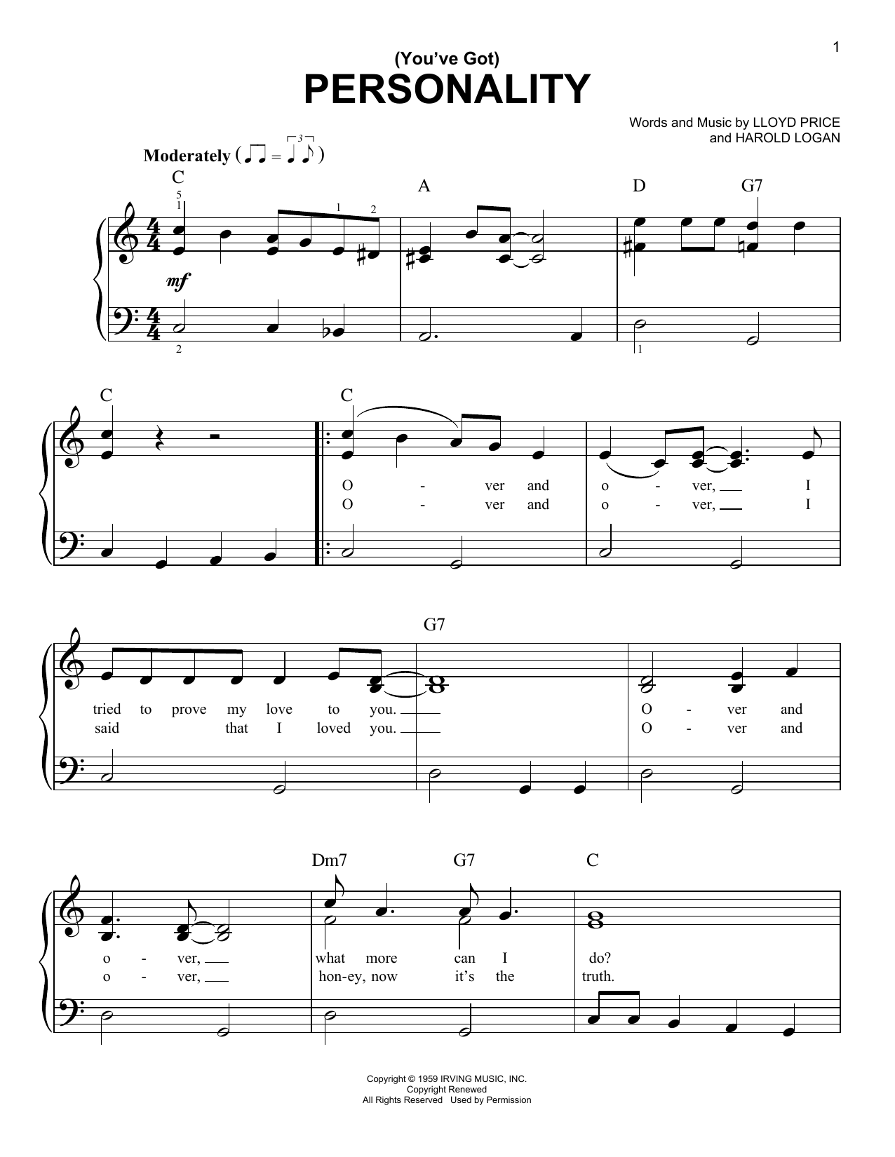Lloyd Price (You've Got) Personality sheet music notes and chords arranged for Piano, Vocal & Guitar Chords (Right-Hand Melody)
