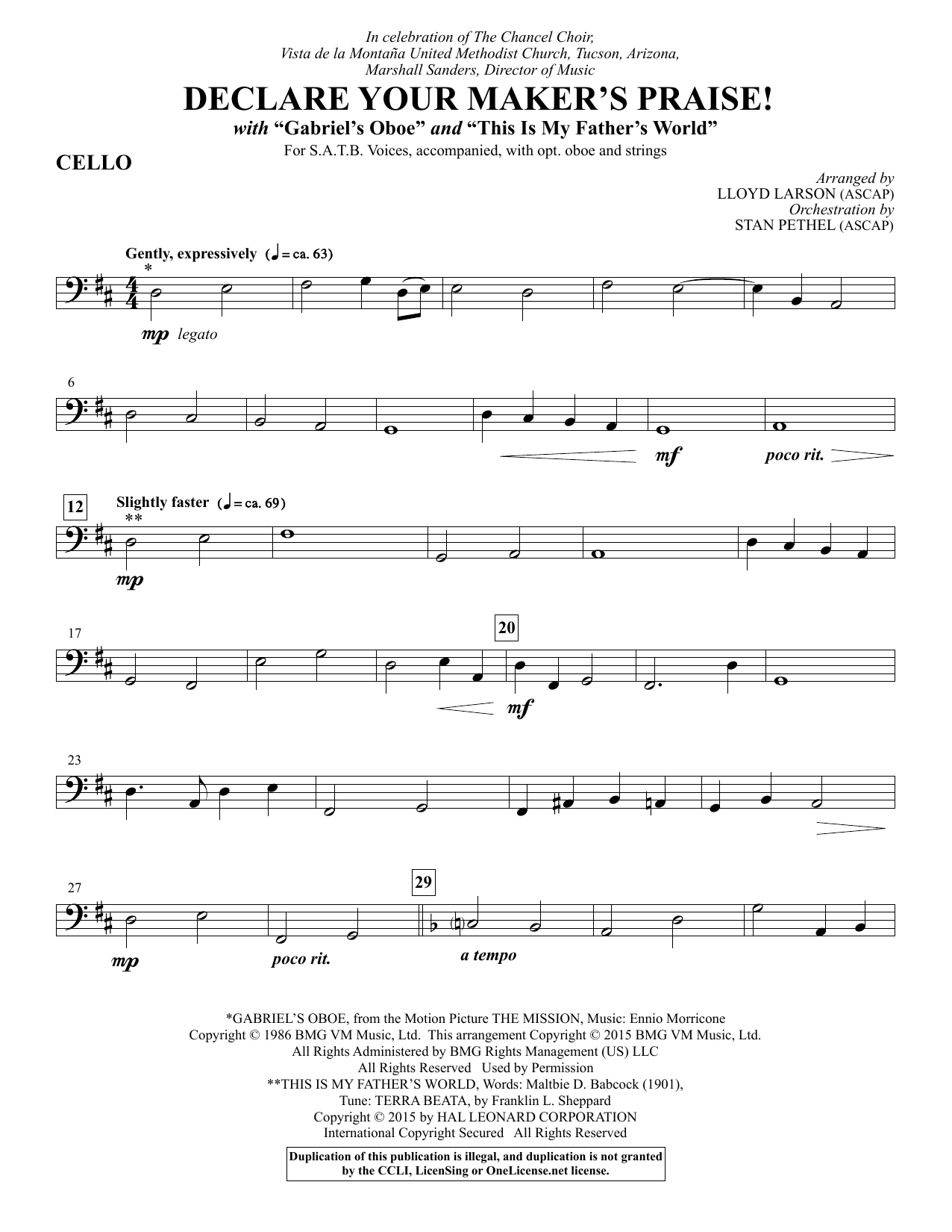 Lloyd Larson Declare Your Maker's Praise! - Cello sheet music notes and chords. Download Printable PDF.