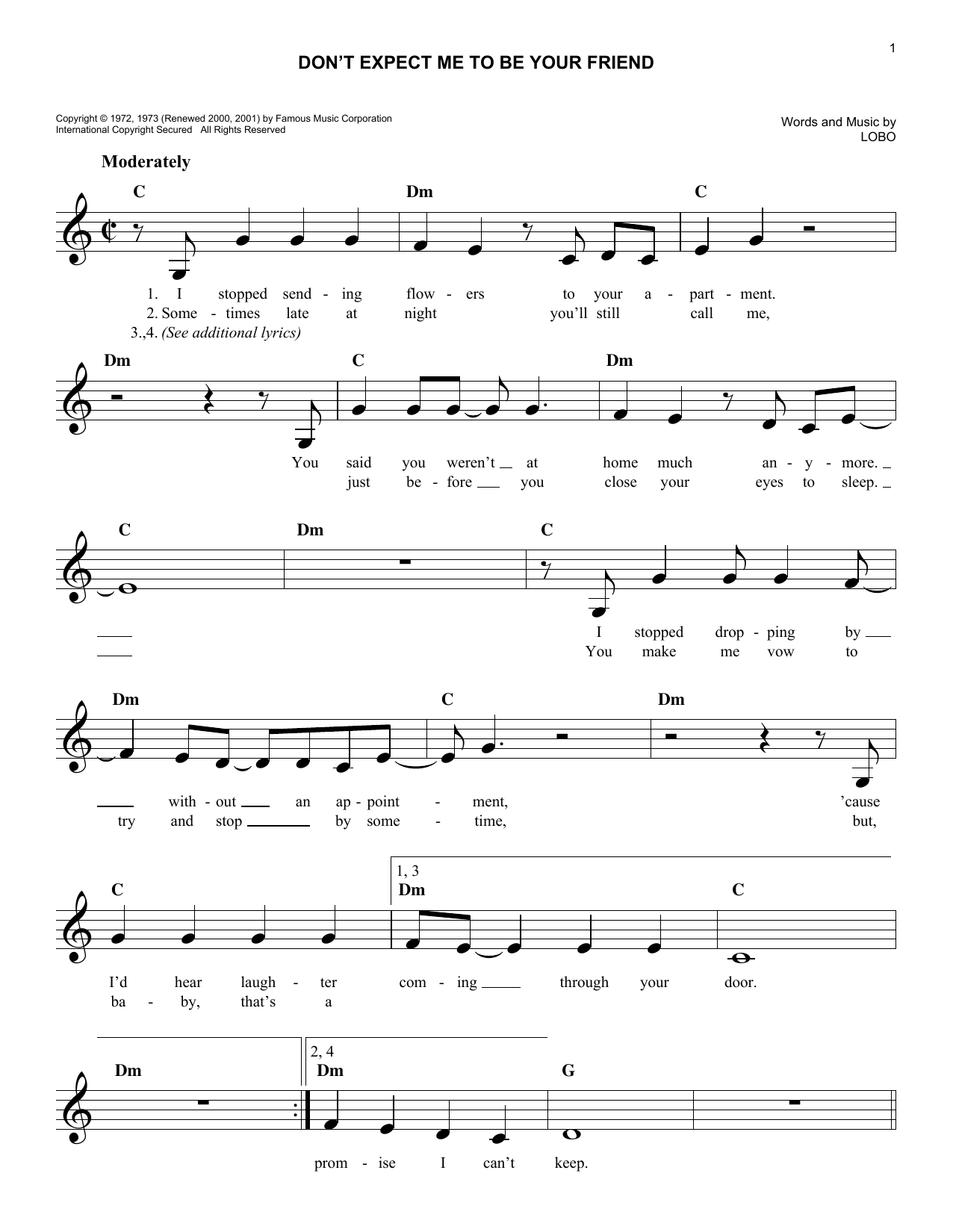 Lobo Don't Expect Me To Be Your Friend sheet music notes and chords arranged for Lead Sheet / Fake Book