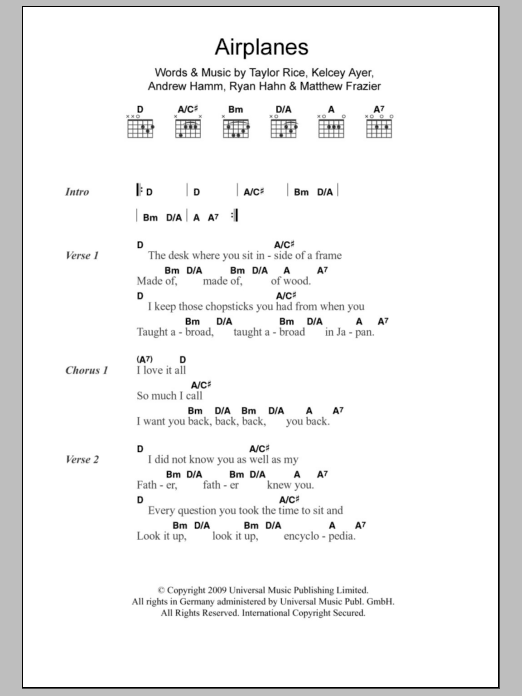 Local Natives Airplanes sheet music notes and chords arranged for Guitar Chords/Lyrics