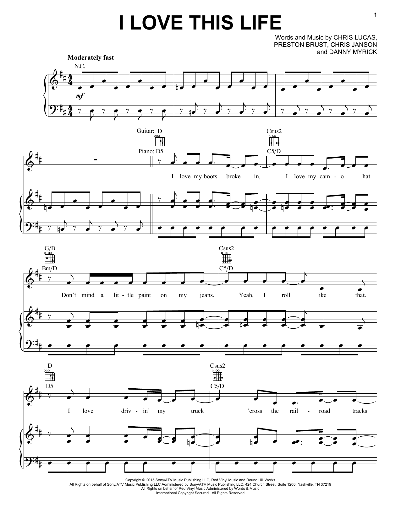 LoCash I Love This Life sheet music notes and chords arranged for Piano, Vocal & Guitar Chords (Right-Hand Melody)