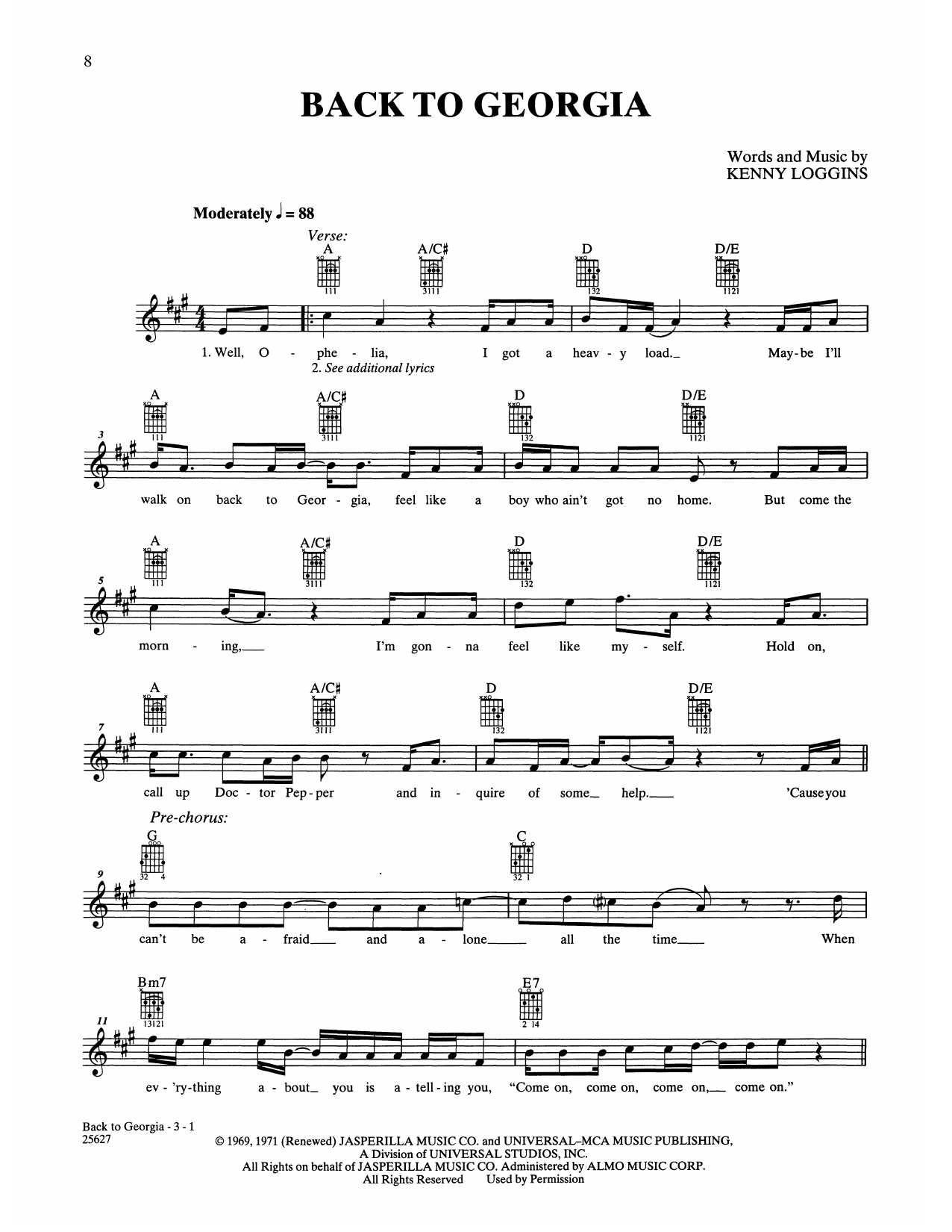 Loggins & Messina Back To Georgia sheet music notes and chords arranged for Easy Guitar