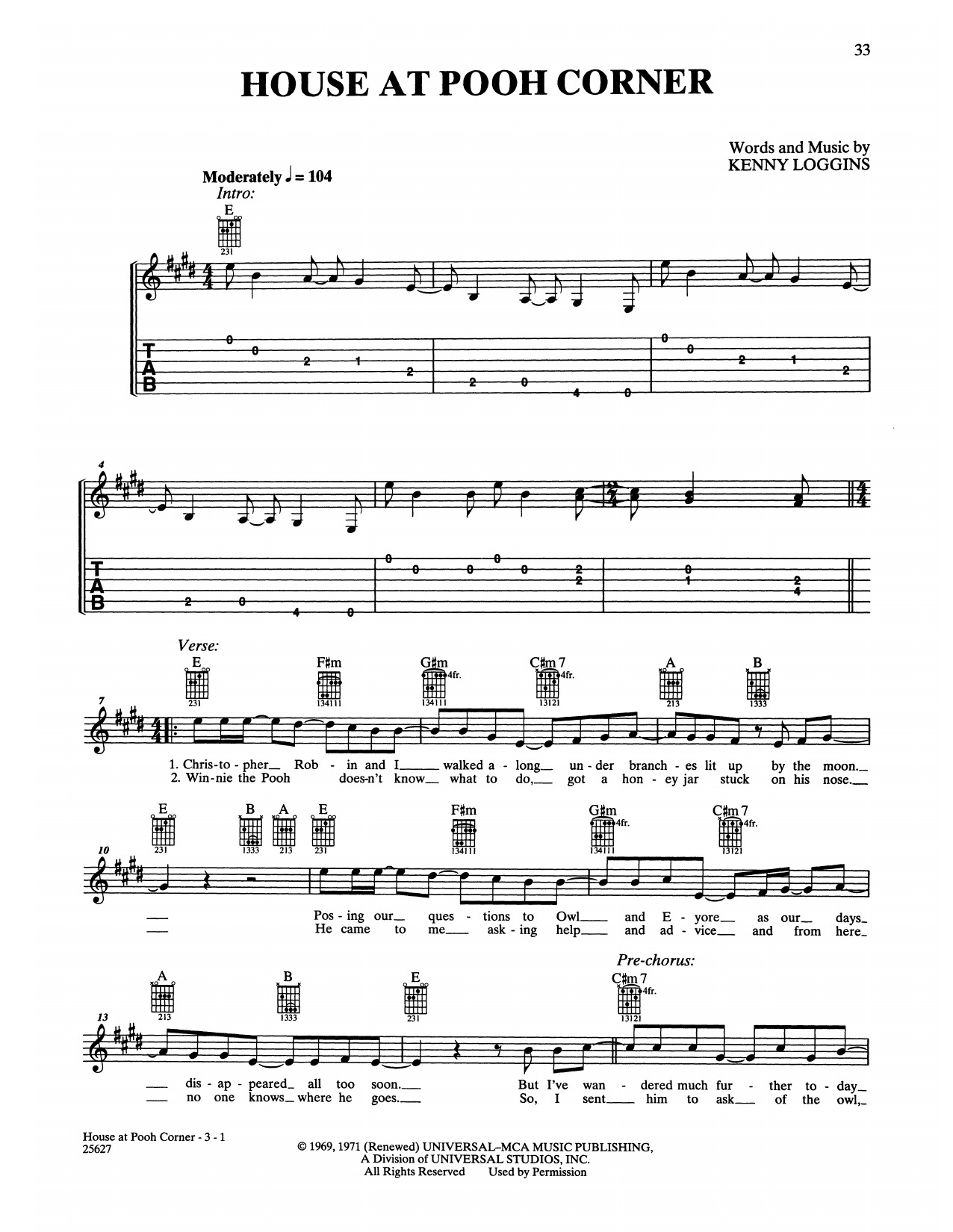 Loggins & Messina House At Pooh Corner sheet music notes and chords arranged for Piano, Vocal & Guitar Chords (Right-Hand Melody)