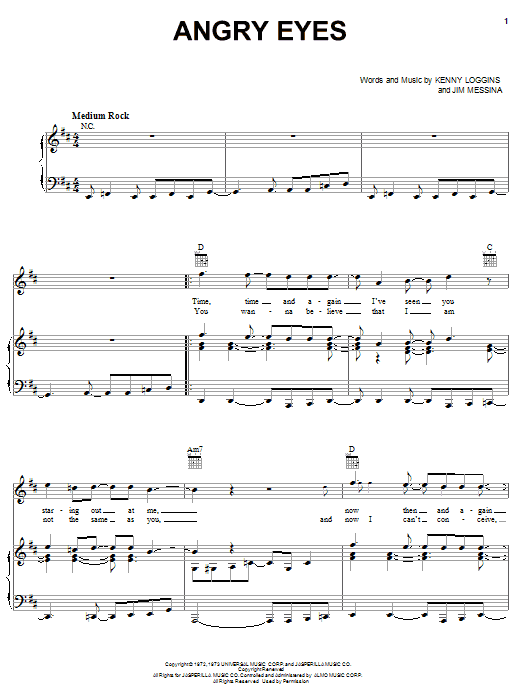 Loggins & Messina Angry Eyes sheet music notes and chords arranged for Piano, Vocal & Guitar Chords (Right-Hand Melody)