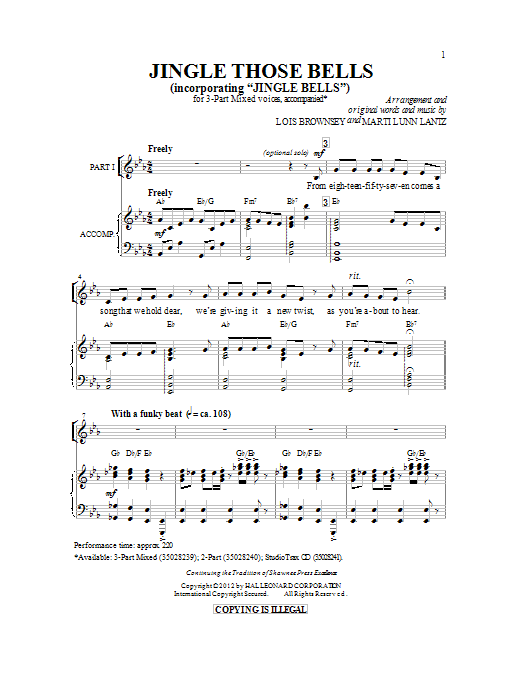 Lois Brownsey Jingle Those Bells sheet music notes and chords arranged for 3-Part Mixed Choir