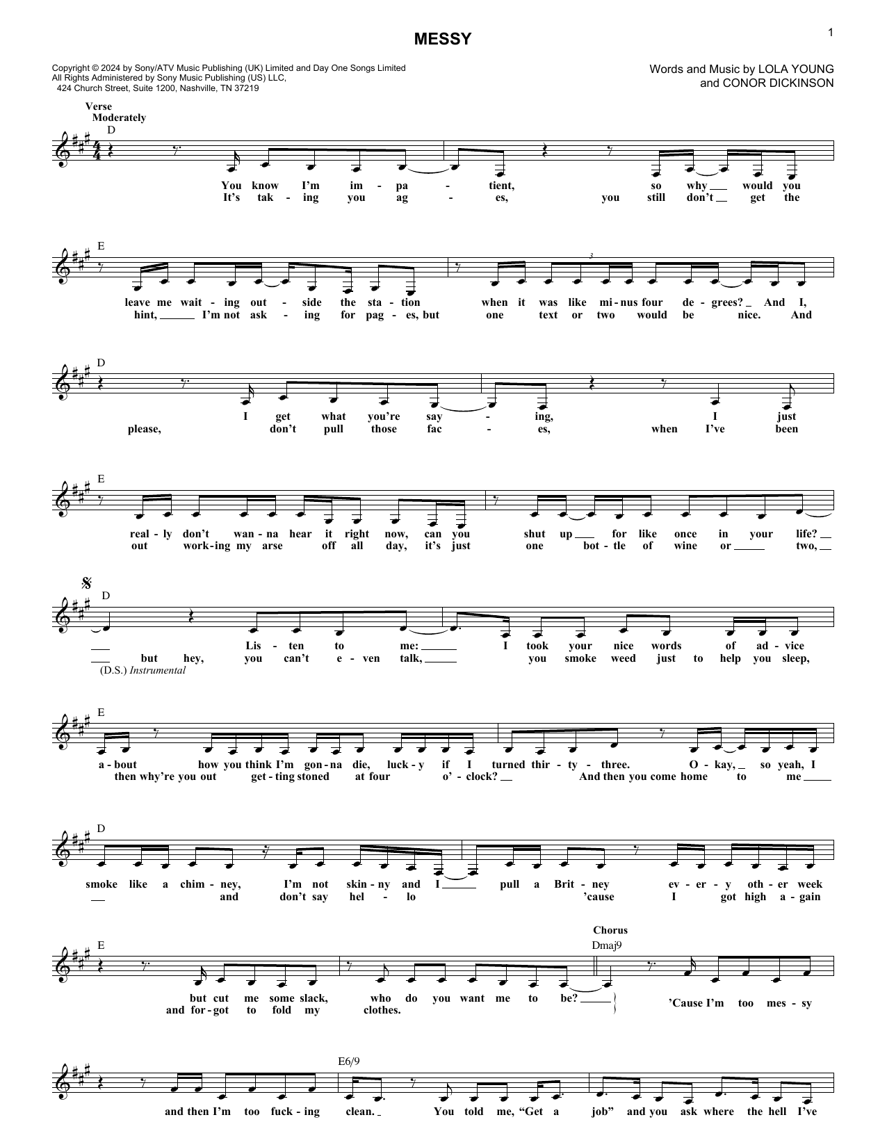 Lola Young Messy sheet music notes and chords arranged for Lead Sheet / Fake Book