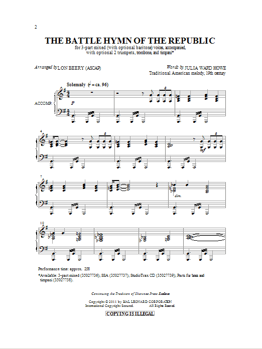 Lon Beery Battle Hymn Of The Republic sheet music notes and chords arranged for 3-Part Mixed Choir