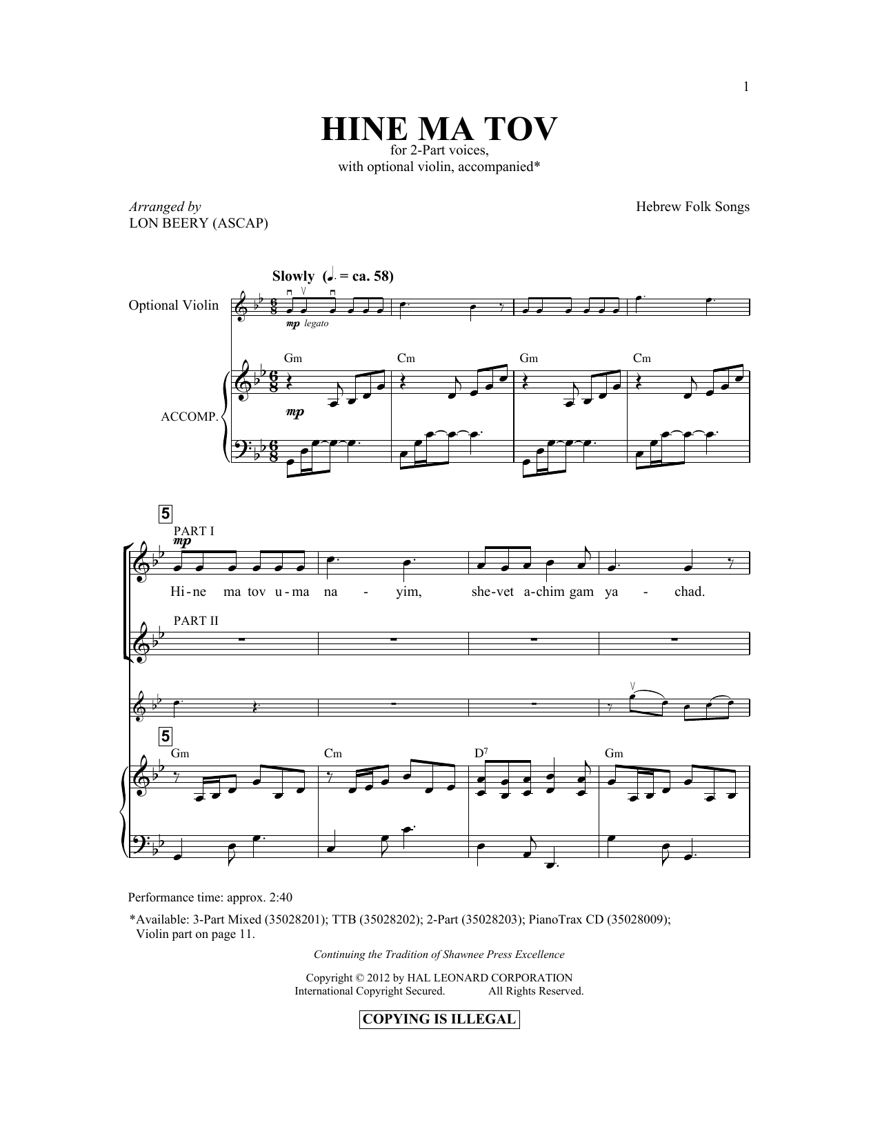Lon Beery Hineh Ma Tov sheet music notes and chords arranged for 3-Part Mixed Choir
