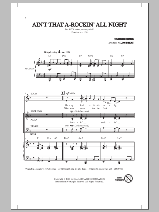Lon Beery Ain't That A-Rockin' All Night sheet music notes and chords arranged for 3-Part Mixed Choir