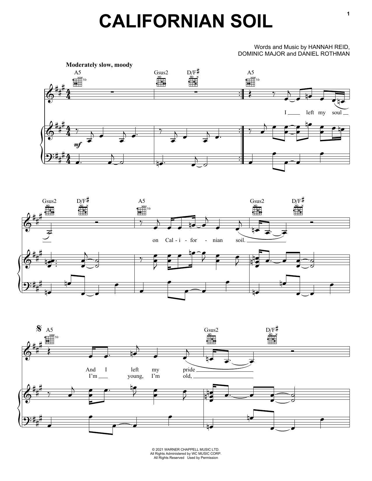 London Grammar Californian Soil sheet music notes and chords arranged for Piano, Vocal & Guitar Chords (Right-Hand Melody)