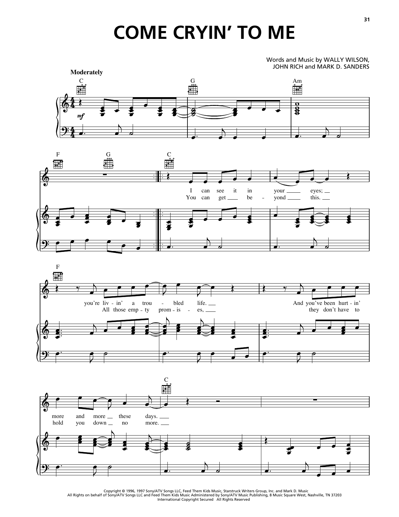 Lonestar Come Cryin' To Me sheet music notes and chords arranged for Piano, Vocal & Guitar Chords (Right-Hand Melody)