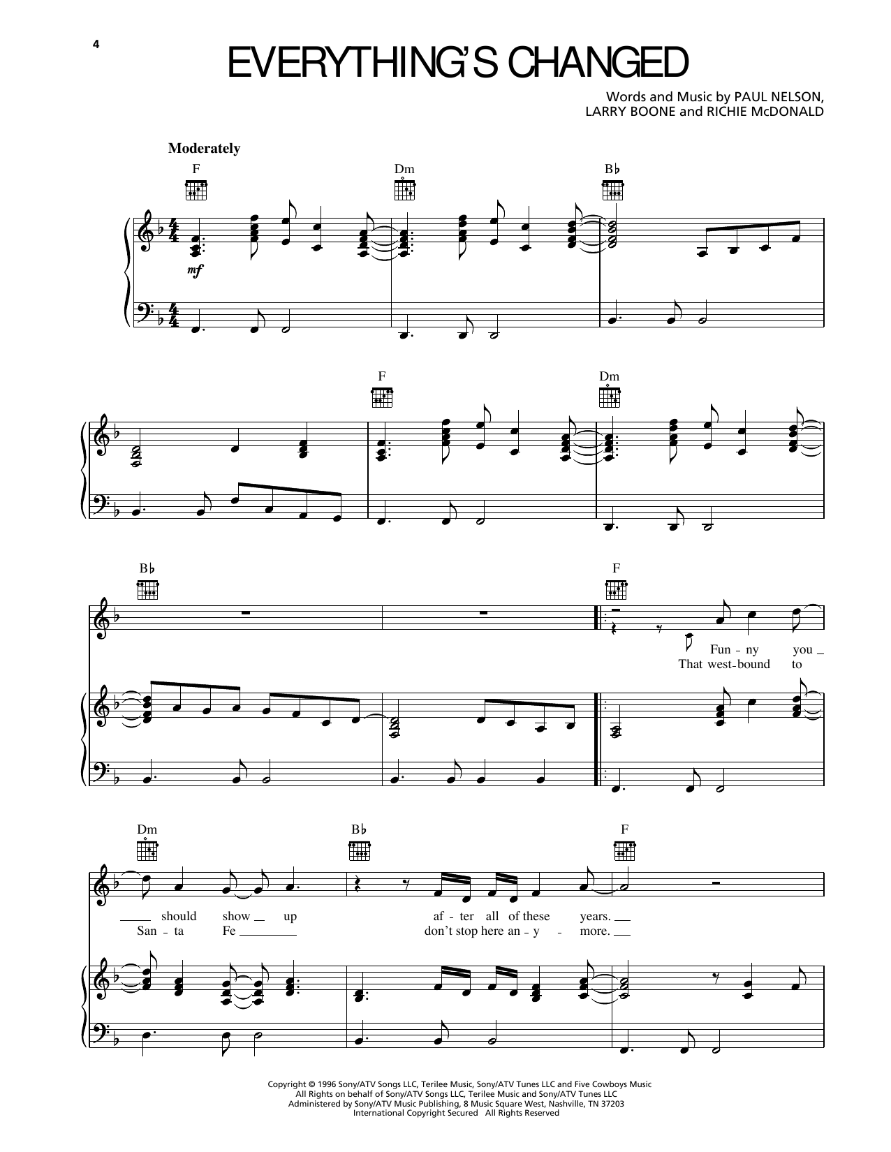 Lonestar Everything's Changed sheet music notes and chords arranged for Piano, Vocal & Guitar Chords (Right-Hand Melody)