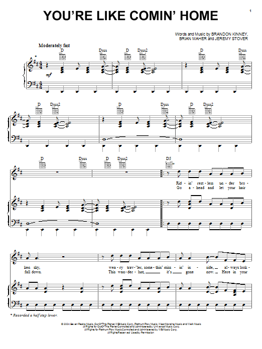Lonestar You're Like Comin' Home sheet music notes and chords arranged for Piano, Vocal & Guitar Chords (Right-Hand Melody)