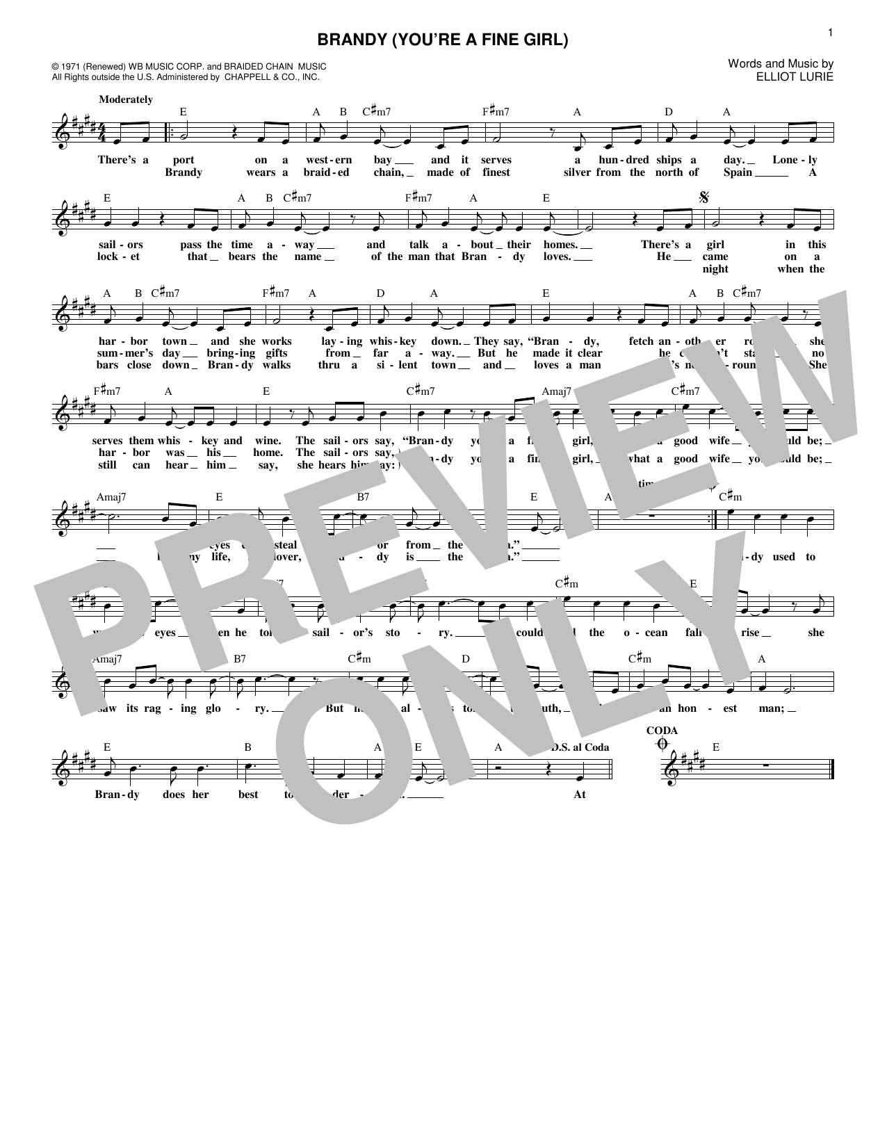 Looking Glass Brandy (You're A Fine Girl) sheet music notes and chords arranged for Piano, Vocal & Guitar Chords (Right-Hand Melody)
