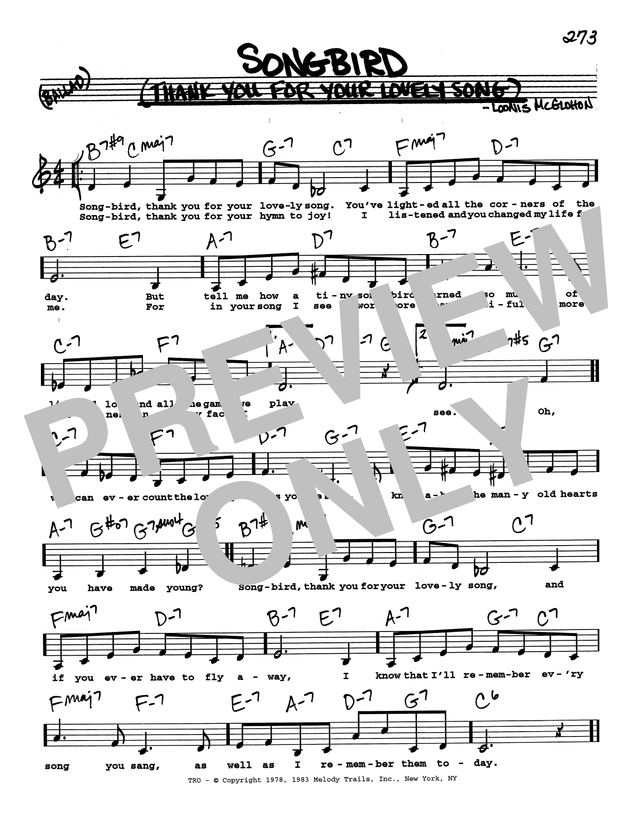 Loonis McGlohon Songbird (Thank You For Your Lovely Song) (Low Voice) sheet music notes and chords arranged for Real Book – Melody, Lyrics & Chords