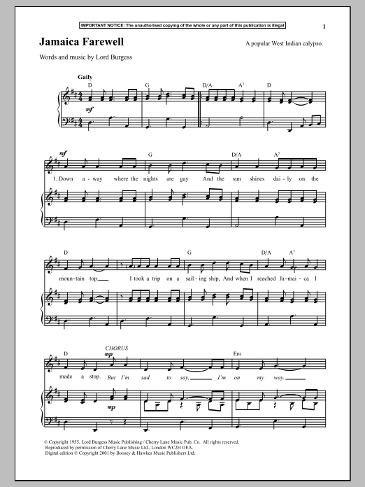 Lord Burgess Jamaica Farewell sheet music notes and chords arranged for Piano & Vocal