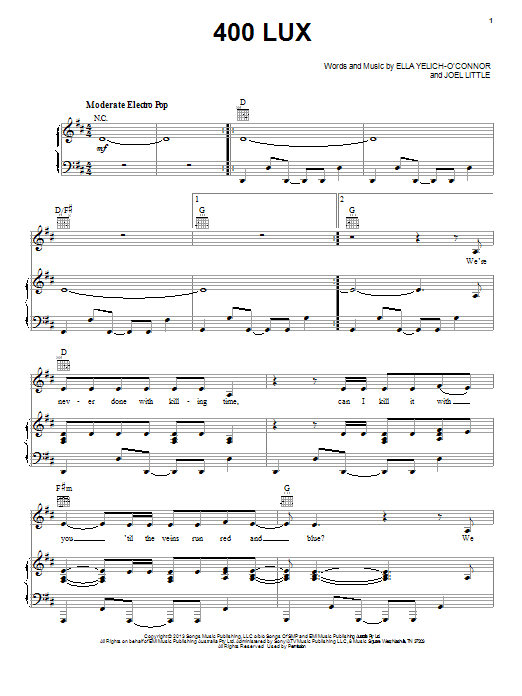 Lorde 400 Lux sheet music notes and chords arranged for Easy Piano