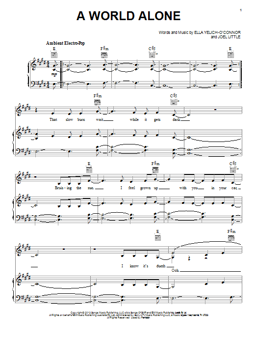 Lorde A World Alone sheet music notes and chords arranged for Easy Piano