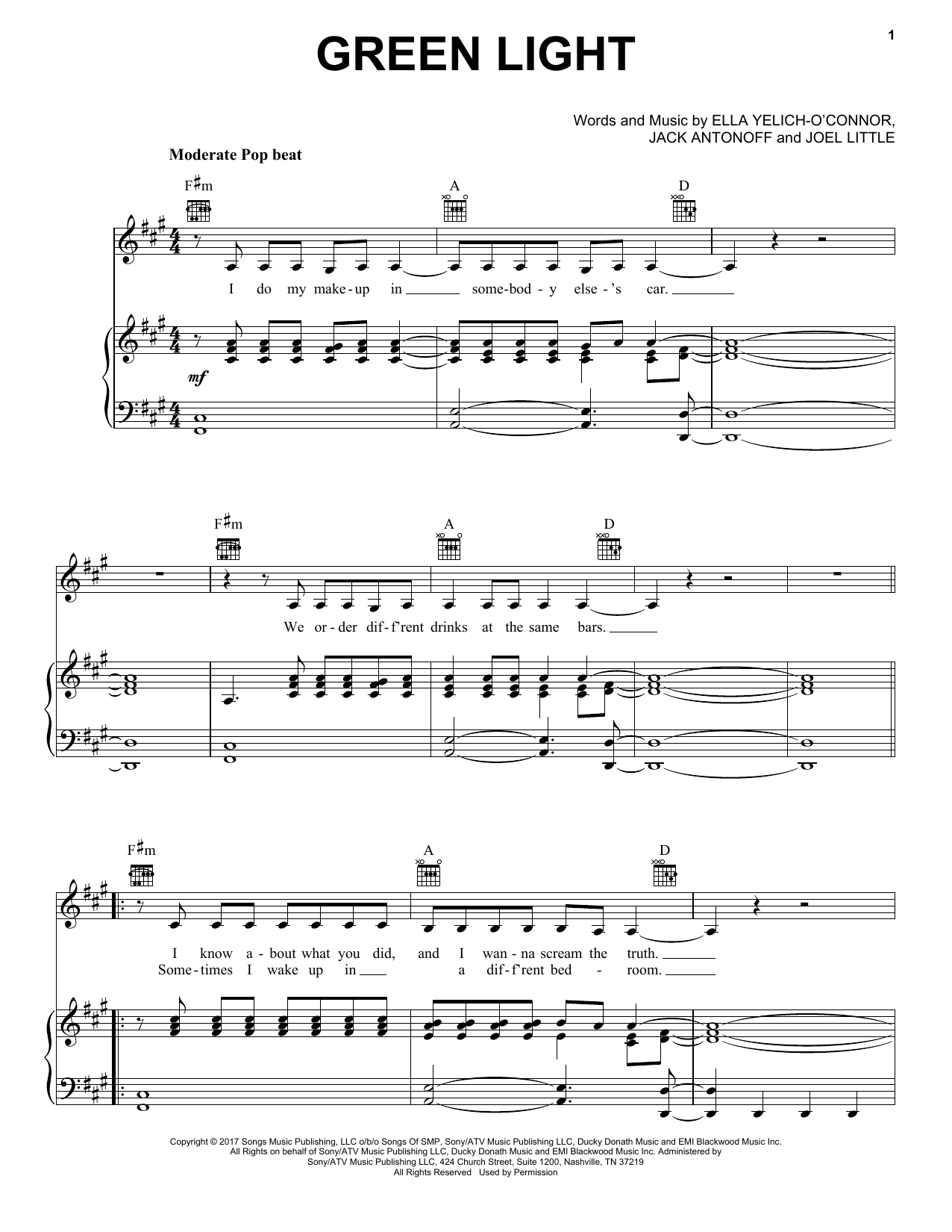 Lorde Green Light sheet music notes and chords arranged for Piano, Vocal & Guitar Chords (Right-Hand Melody)