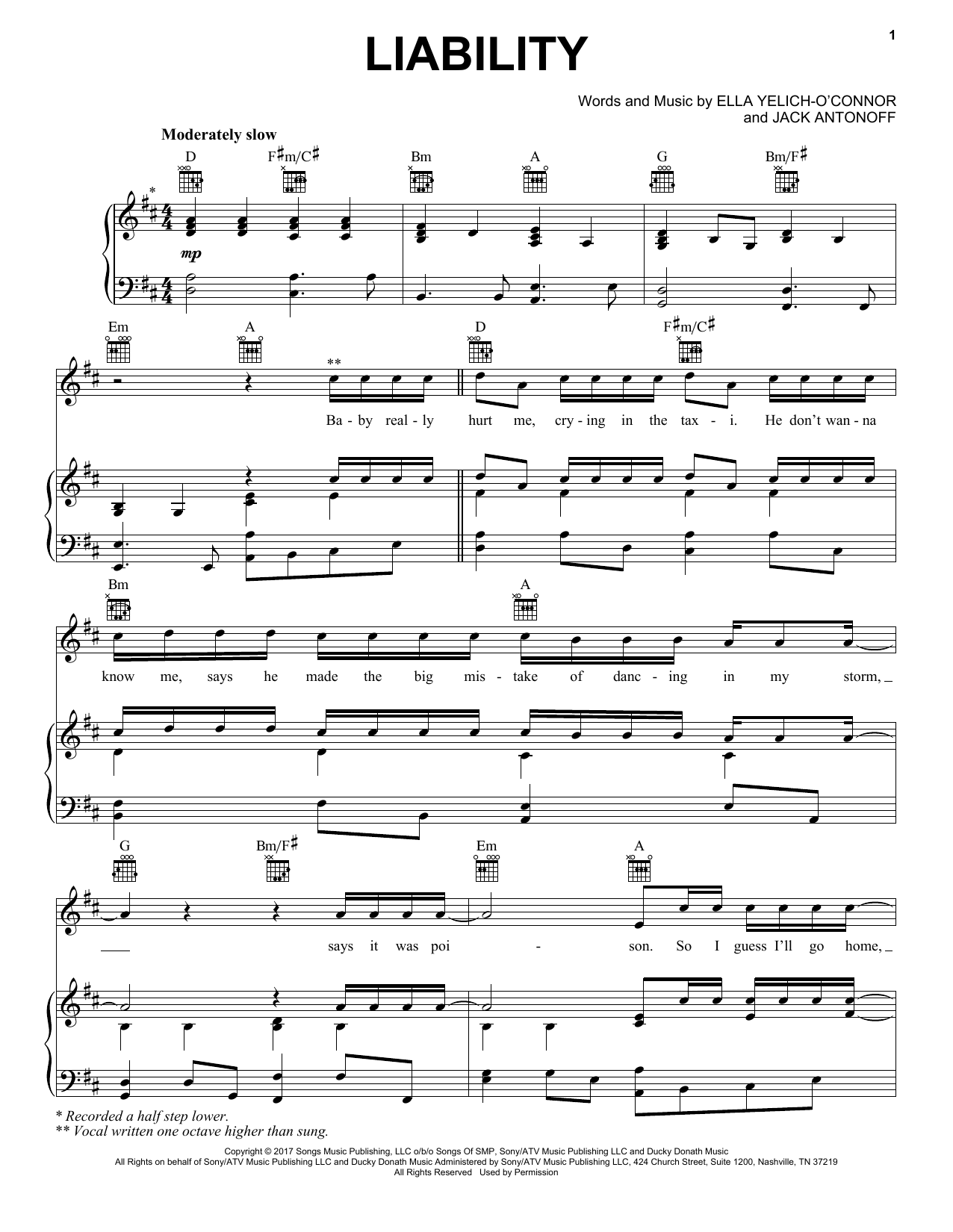 Lorde Liability sheet music notes and chords arranged for Big Note Piano
