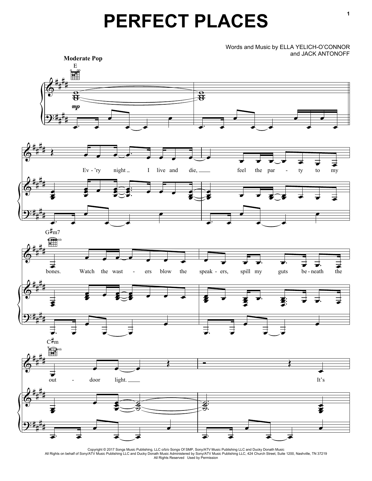 Lorde Perfect Places sheet music notes and chords arranged for Piano, Vocal & Guitar Chords (Right-Hand Melody)