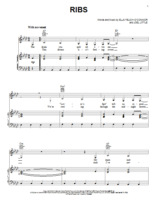 Lorde Ribs sheet music notes and chords arranged for Easy Piano