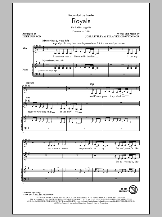 Lorde Royals (arr. Deke Sharon) sheet music notes and chords arranged for SSAA Choir
