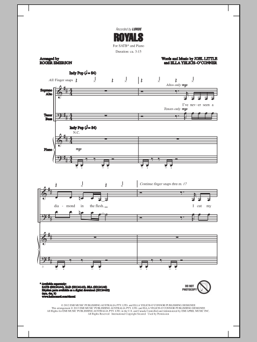 Lorde Royals (arr. Roger Emerson) sheet music notes and chords arranged for SATB Choir