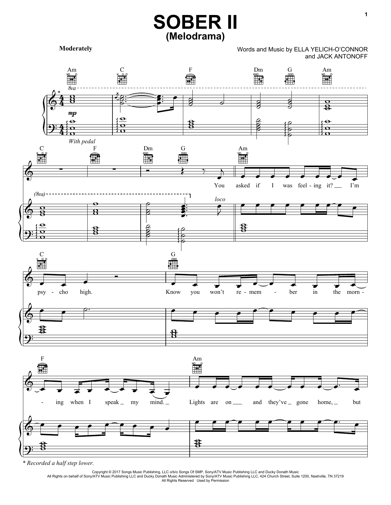 Lorde Sober II (Melodrama) sheet music notes and chords arranged for Piano, Vocal & Guitar Chords (Right-Hand Melody)