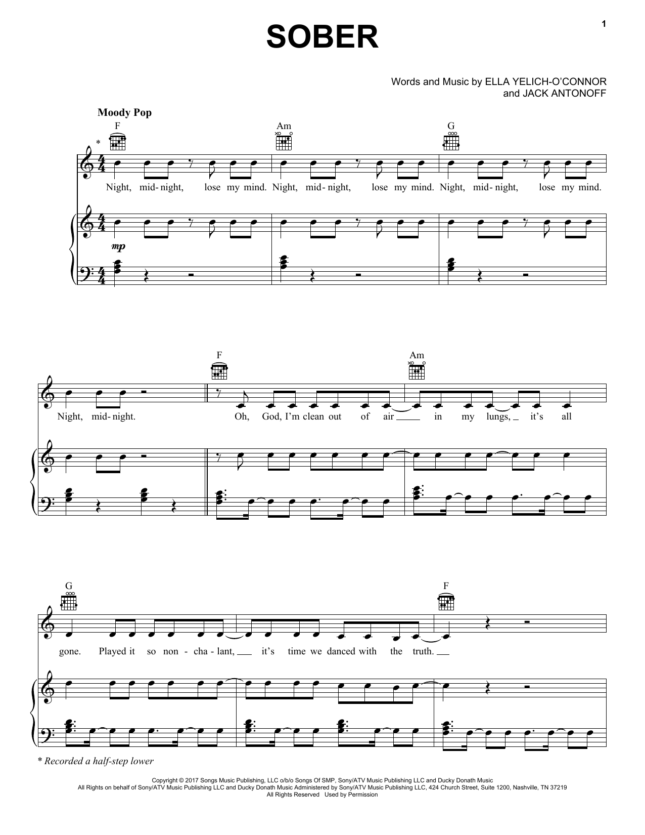 Lorde Sober sheet music notes and chords arranged for Piano, Vocal & Guitar Chords (Right-Hand Melody)
