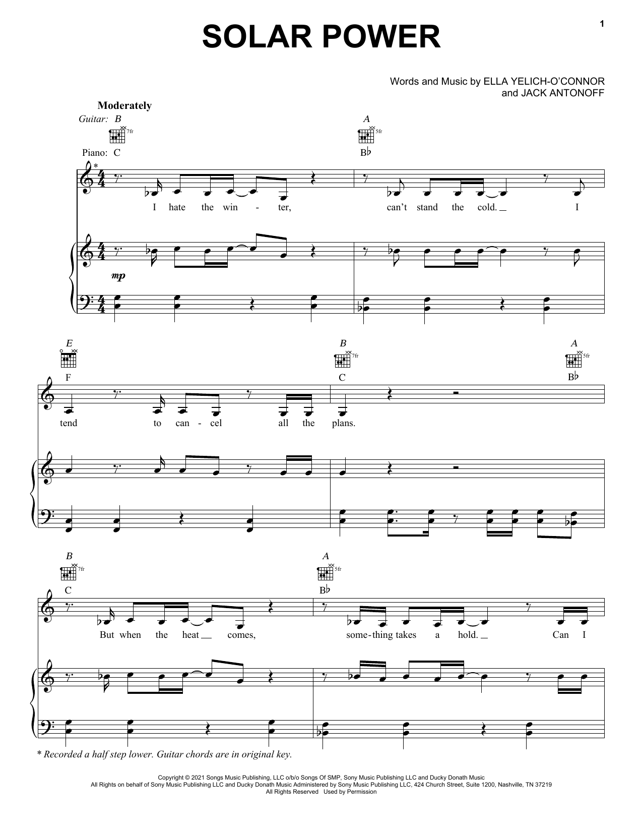 Lorde Solar Power sheet music notes and chords arranged for Piano, Vocal & Guitar Chords (Right-Hand Melody)
