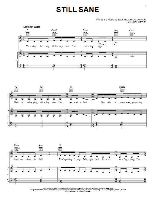 Lorde Still Sane sheet music notes and chords arranged for Piano, Vocal & Guitar Chords (Right-Hand Melody)