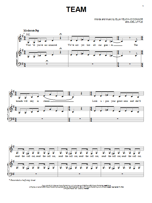 Lorde Team sheet music notes and chords arranged for Easy Piano