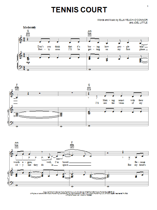 Lorde Tennis Court sheet music notes and chords arranged for Piano, Vocal & Guitar Chords (Right-Hand Melody)
