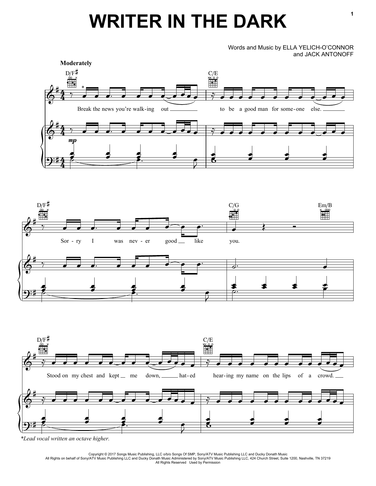 Lorde Writer In The Dark sheet music notes and chords arranged for Piano, Vocal & Guitar Chords (Right-Hand Melody)