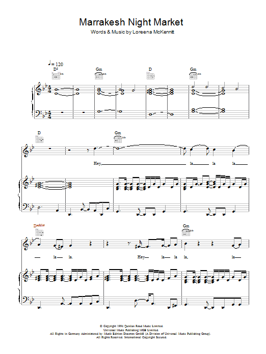 Loreena McKennitt Marrakesh Night Market sheet music notes and chords arranged for Piano, Vocal & Guitar Chords